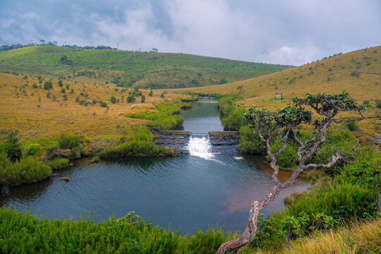 Beautiful Grassland Landscape with Waterfall in Horton Plains, Sri Lanka