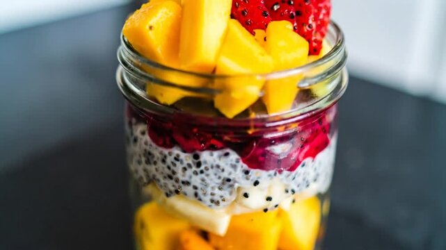 A layered fruit parfait in a glass jar, featuring mango, strawberries, and chia seed pudding