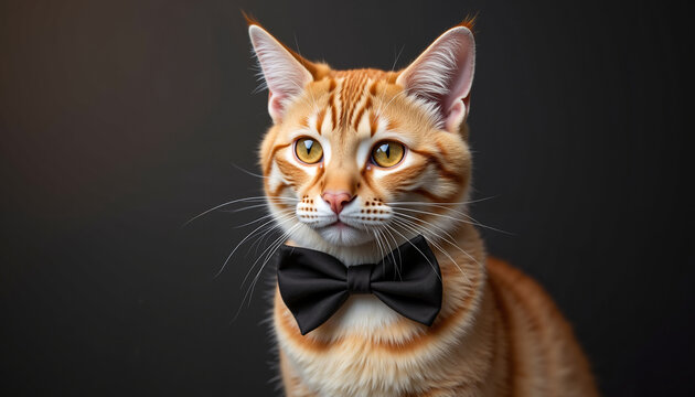 Orange cat wearing a black bow tie posing with a serious expression  