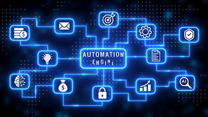 Fototapeta premium A luminous neon blue digital network diagram showcasing an automation engine with interconnected for finance, ideas, AI, security, and workflow, set against a dark dotted background, representing