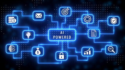 Naklejka premium An AI powered digital network diagram in glowing neon blue, illustrating interconnected for finance, ideas, AI, security, and workflow on a dark dotted background, emphasizing artificial