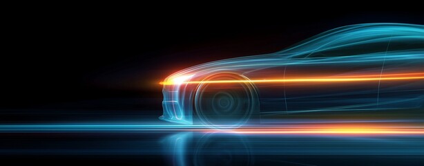 Speed Symphony: An electric car silhouette streaks across a dark canvas, its motion rendered as vibrant streaks of light that illuminate its sleek design, the future of transport.