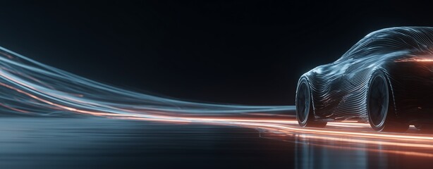 Futuristic Speed: A sleek, low-profile vehicle speeds along a track, leaving trails of light and motion, showcasing innovation in transport and future travel.