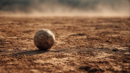 Vintage Soccer Ball on the Field: A weathered soccer ball rests on a textured field, with a blur background. Evoking the memory of games, nostalgia, and perseverance.