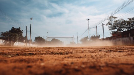 Dusty Soccer Field: A wide shot captures a deserted soccer field, the ground a patchwork of dry earth, the goalposts distant.  The sun's golden rays ignite a haze of dust.