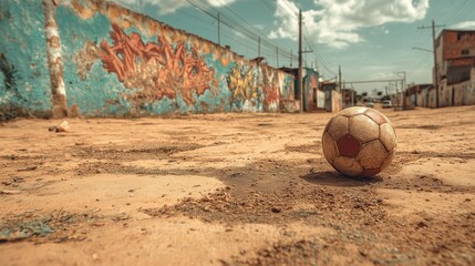 Ball on dusty ground in the town: An old soccer ball sits still on the ground beside an old wall, painted with a faded mural. A sunny day adds to the calm of this common scene.