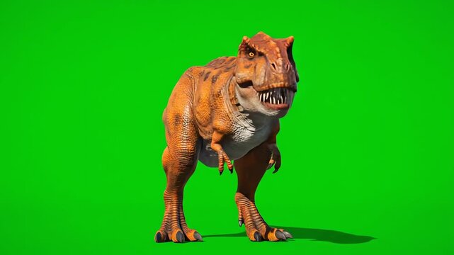 Tyrannosaurus Rex Roars Fiercely, Standing with an Open Mouth on a Vibrant Green Screen