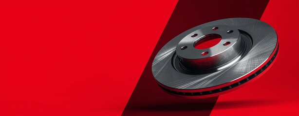 Precision Engineering: A close-up shot of a meticulously crafted brake disc, its metallic surface gleaming against a vibrant red backdrop, showcasing the essence of automotive innovation.