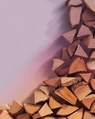 Woodpile Composition: An artful arrangement of freshly cut logs cascade, creating a warm, inviting ambiance.