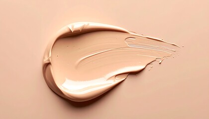 A close-up view of a smear of smooth, beige-colored cosmetic cream on a matching backdrop