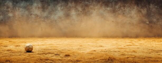 Soccer Ball on the field: A lone soccer ball rests on a textured field of earth, with dust and a subtle blur of motion around it, suggesting a recent kick or impending play.
