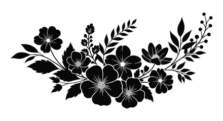 A delicate floral arrangement featuring assorted blossoms and leafy branches presented in a striking silhouette on transparent background high quality professional