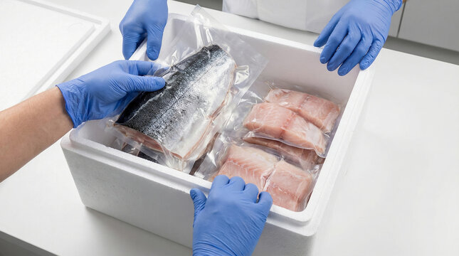 Frozen food delivery shipping fish fillet package in foam box with glove hand teamwork