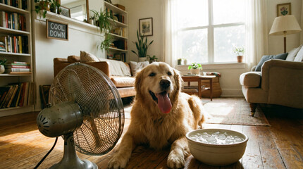 Plakat Heat stroke high temperature heatwave at home with fan and panting pet