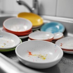 Sink of Culinary Remains: A collection of various bowls and dishes with a splash of color sits in the sink, showing a small remnant of delicious meal and the after-math of a culinary adventure.