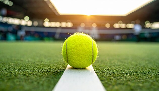 An isolated, close-up view of a tennis ball hitting the surface of a tennis court.