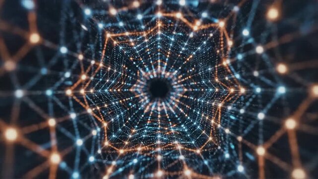 Pulsating geometric blue and orange particle grid structure expanding and contracting in a continuous futuristic data stream animation background, science, grid