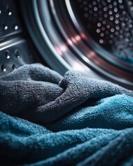 Clean and Fresh: A close-up view inside a washing machine, showcasing soft, clean towels, capturing the essence of freshness and the daily routine of modern life.