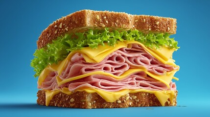 Delicious Sandwich: A mouthwatering sandwich, bursting with layers of savory ham, melted cheese, and fresh lettuce, inviting a delightful culinary experience.