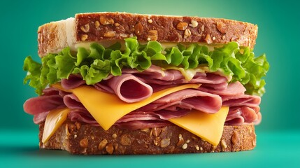Mouthwatering sandwich closeup: A close-up view of a scrumptious sandwich, a symphony of textures and flavors. Layers of juicy ham, creamy cheese, fresh lettuce.