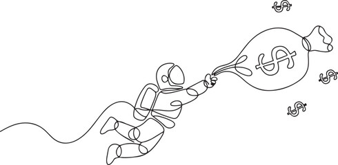 Single continuous line drawing astronaut holding on to a flying money bag. The metaphor of lots of money will make many wishes come true. one line Icon drawing © MofajjolHossen
