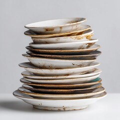 Dirty Dishes Stacked: A stack of dirty dishes, stained with food residue, offers a raw, authentic glimpse into the aftermath of a meal, emphasizing the routine of everyday life.