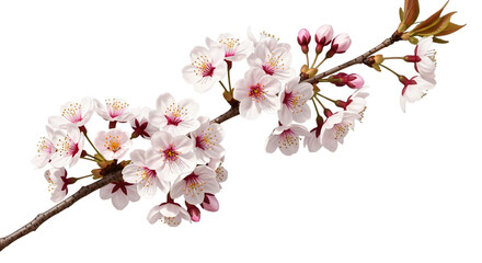 Naklejka premium Beautiful blooming cherry blossom branch with delicate white flowers and buds on transparent background transparent background