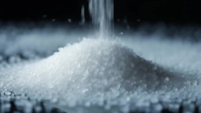 Macro shot of salt crystals falling onto surface