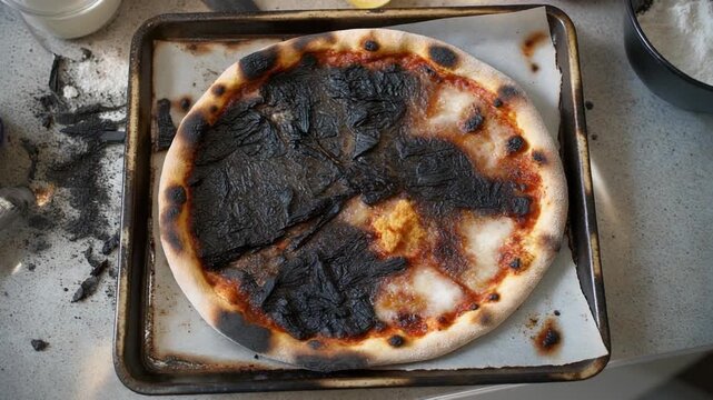 Overcooked Disaster: A Close-Up View of Severely Burnt Pizza on a Baking Tray