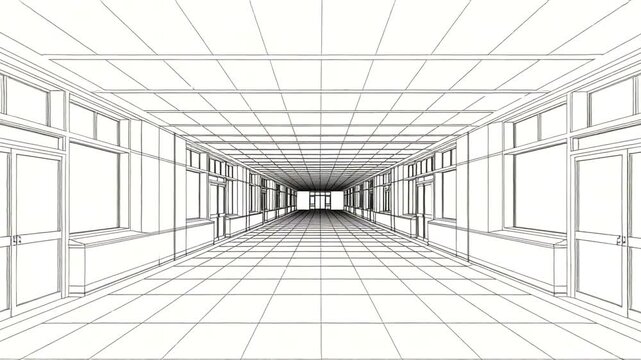 Wireframe architectural visualization of a long modern hallway with windows.