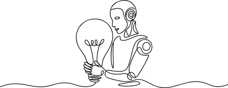 Single continuous line drawing robot hugging lightbulb. Has the idea to make robot that has human-like characteristics. Machine learning process. one line Icon drawing