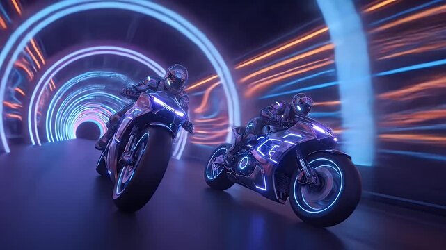 Two futuristic superbike riders racing through neon light tunnel with high speed motion blur