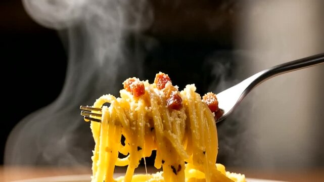 Hot steaming spaghetti carbonara twirled on a fork with melted cheese stretching.