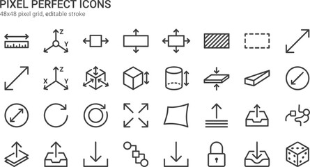 Title: Set of pixel perfect vector linear icons regarding size, dimension, measuring, scale, resize, enlarge and decrease for web design.
