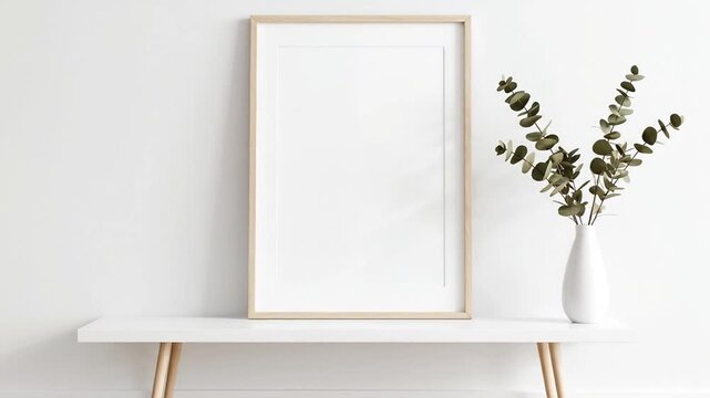 A blank picture frame rests on a white table. A vase of eucalyptus sits beside