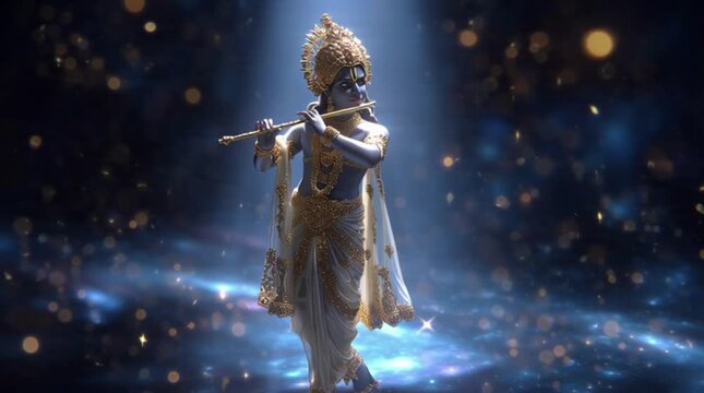 Statue of lord krishna playing flute in dramatic lighting with gold particles