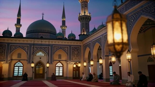 Captivating video showcasing peaceful evening prayers within a beautiful mosque