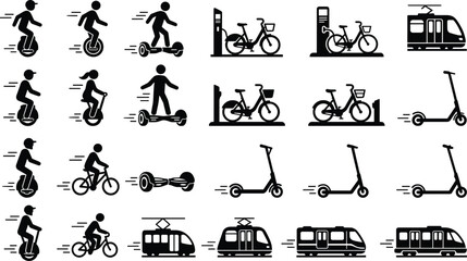 Title Set of black silhouette icons depicting urban micro-mobility including electric scooters, bicycles, hoverboards, unicycles, and modern public transportation vehicles for city travel. © Ruhul