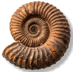 Ancient spiral ammonite fossil shell with textured ribs on transparent background