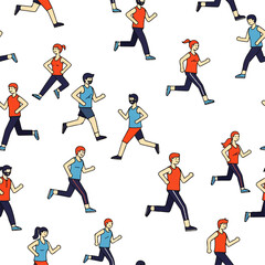 Seamless pattern of diverse cartoon people running and jogging in various athletic poses on a white background, illustrating fitness and active lifestyle.