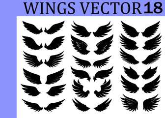 Obraz premium Assortment of black silhouette wing showcasing different feather patterns and shapes arranged in three columns on a white background for Keywords: wings, silhouette, black, set, collection, angel