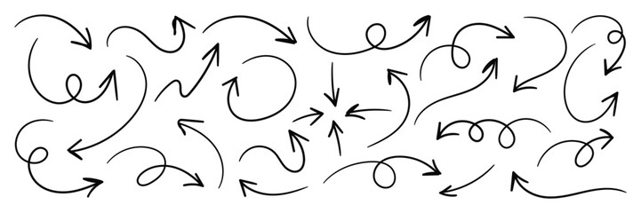 Collection of hand drawn doddle arrow set. Set of brush stroke of curly arrow collection. Sketch curved arrows design. © Creativus Illustria