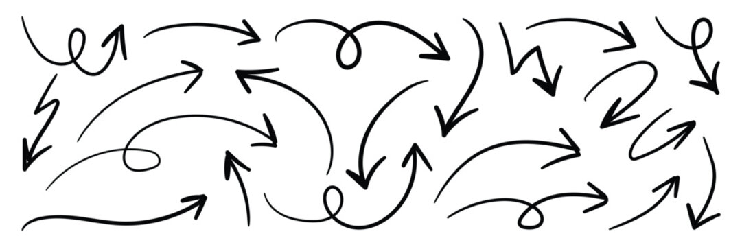 Hand drawn squiggly arrows doodle collection. Set of simple curvy lines hand drawn black arrows. Vector illustration of hand painted arrows scribble symbols of direction pointers. 