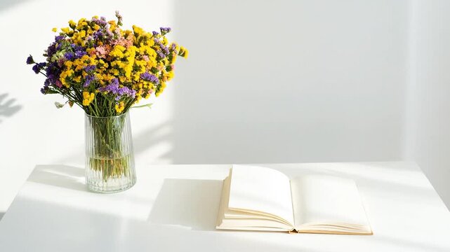 A vibrant floral arrangement in a glass vase, and an open book on a white table