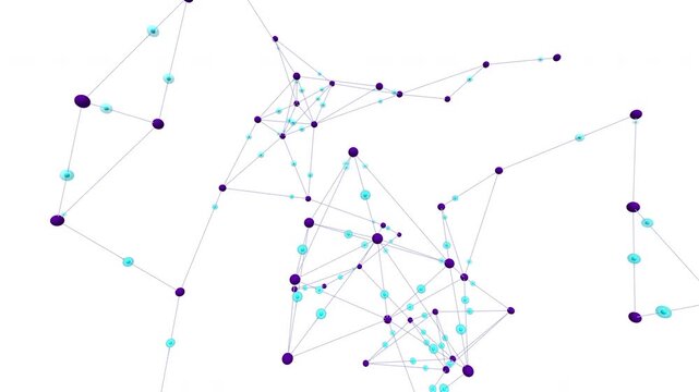 3D procedural visualization of synaptic firing in a complex neural network on a white background. Seamless loop of glowing impulses traveling along axon connections for medical, biology technology