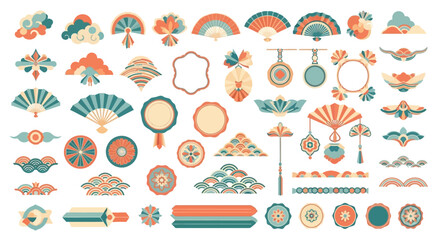 Abstract Eastern Cultural Embellishments: Ornate Fans, Geometric Clouds, Decorative Frames, and Wave Motifs in Teal, Coral, and Cream Palette
