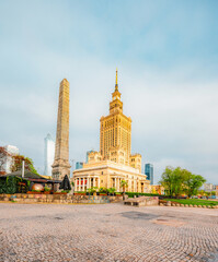 Naklejka premium Warsaw, top view of the Palace of Culture in Poland and in the background the skyscrapers of the city of Warsaw