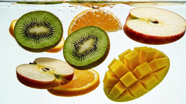 Purity concept extreme slow motion of perfect apple, kiwi, orange, and mango slices gently rotating and suspended underwater in a clear, sterile environment liquid, wellness, clean