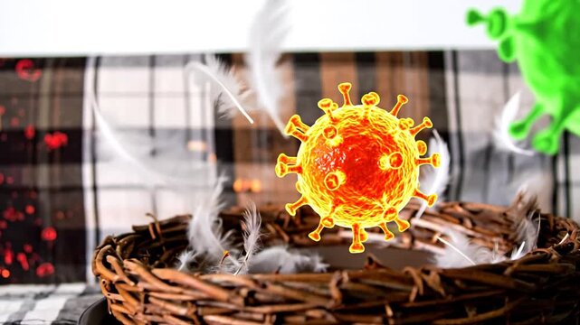 A digitally created image of a nest with feathers and floating virus elements