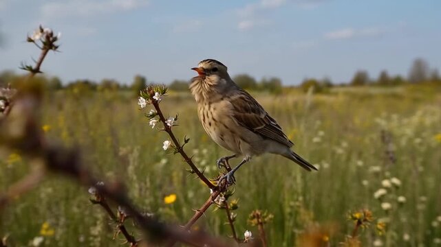Tranquil Meadow Serenade: A Linnet Sings on a Branch in a Beautiful Blooming Field
